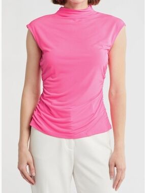 Dkny Hot Pink Sleeveless Mock Neck Ruched Tank